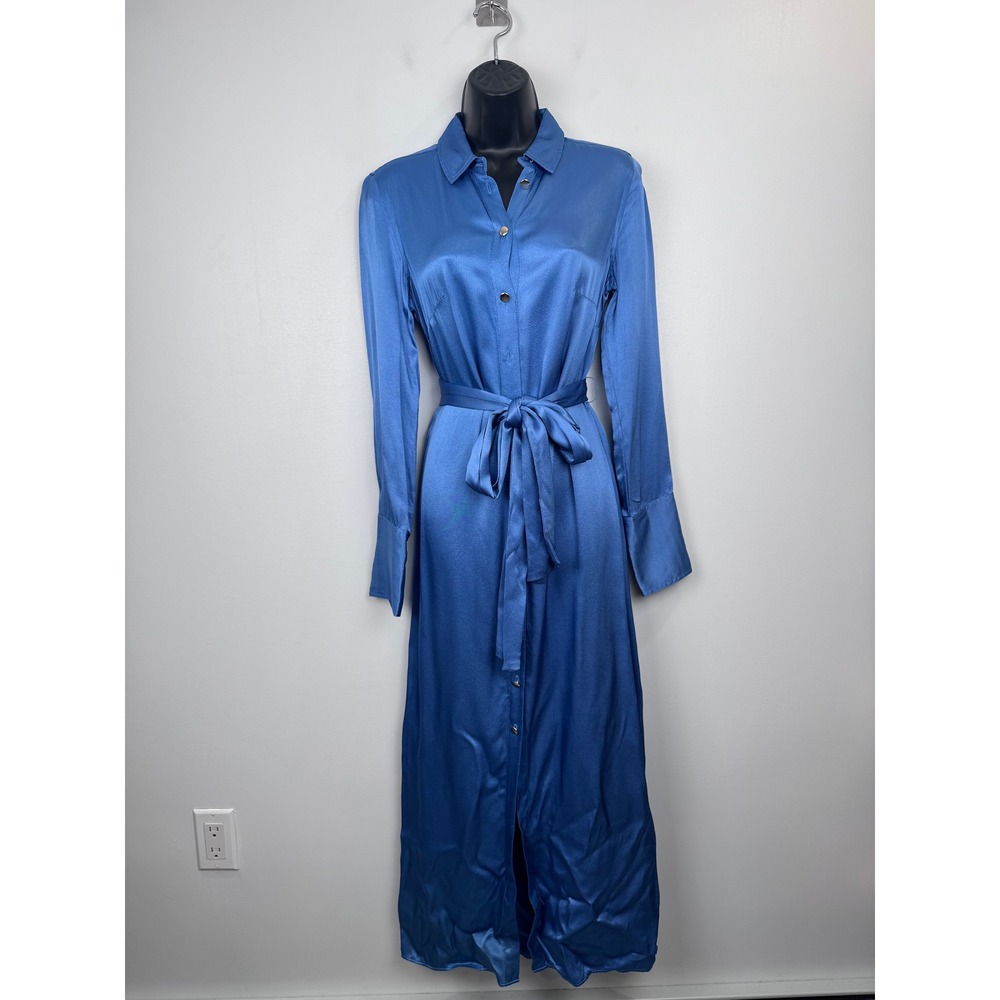 J.Crew Blue Satin Button Front Midi Dress‎ Women Size 0 Viscose Long Sleeve